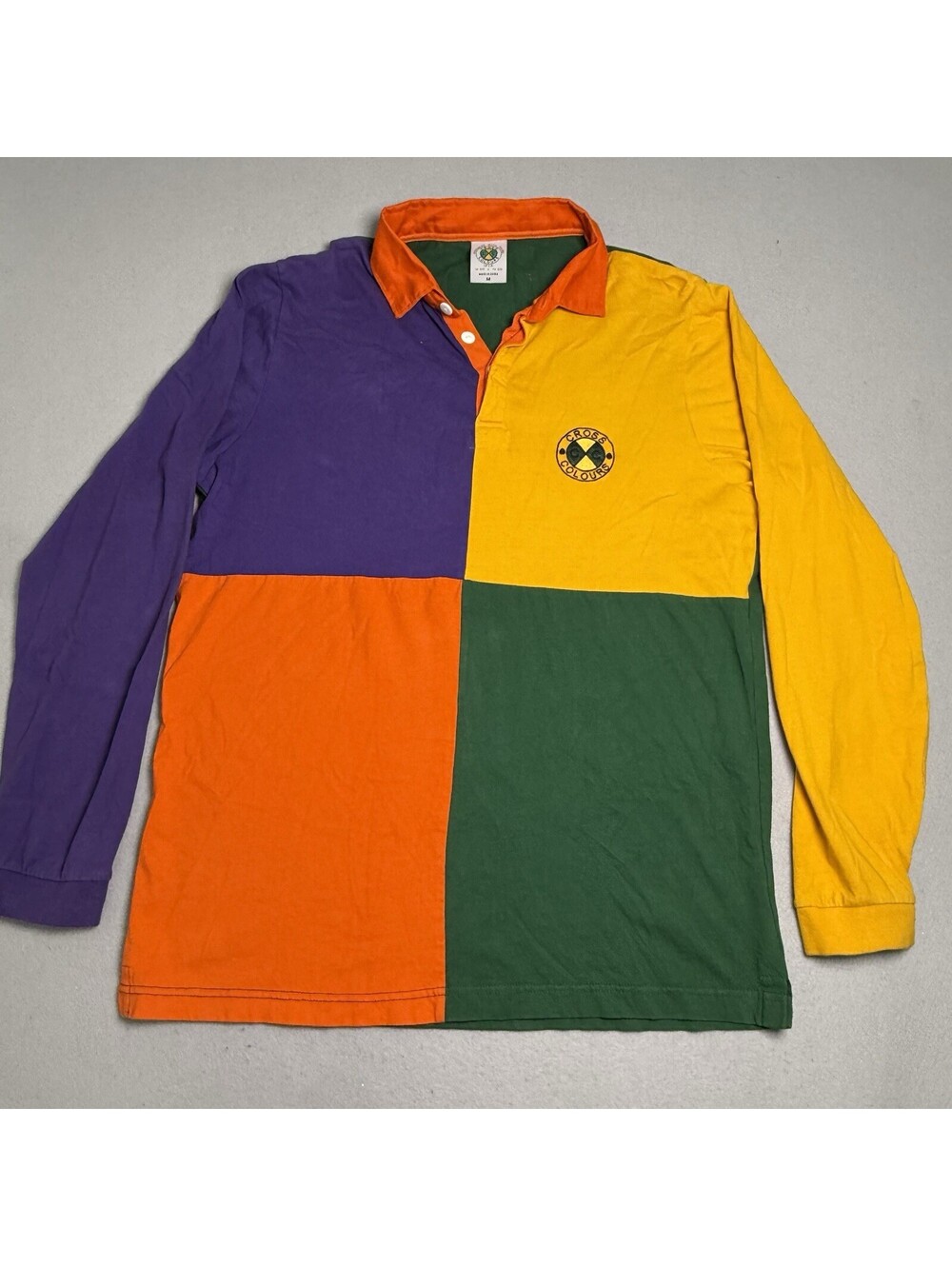 VTG Cross Colours Rugby Shirt Mens M Colorblock Long Sleeve Hip Hop 90s Y2K